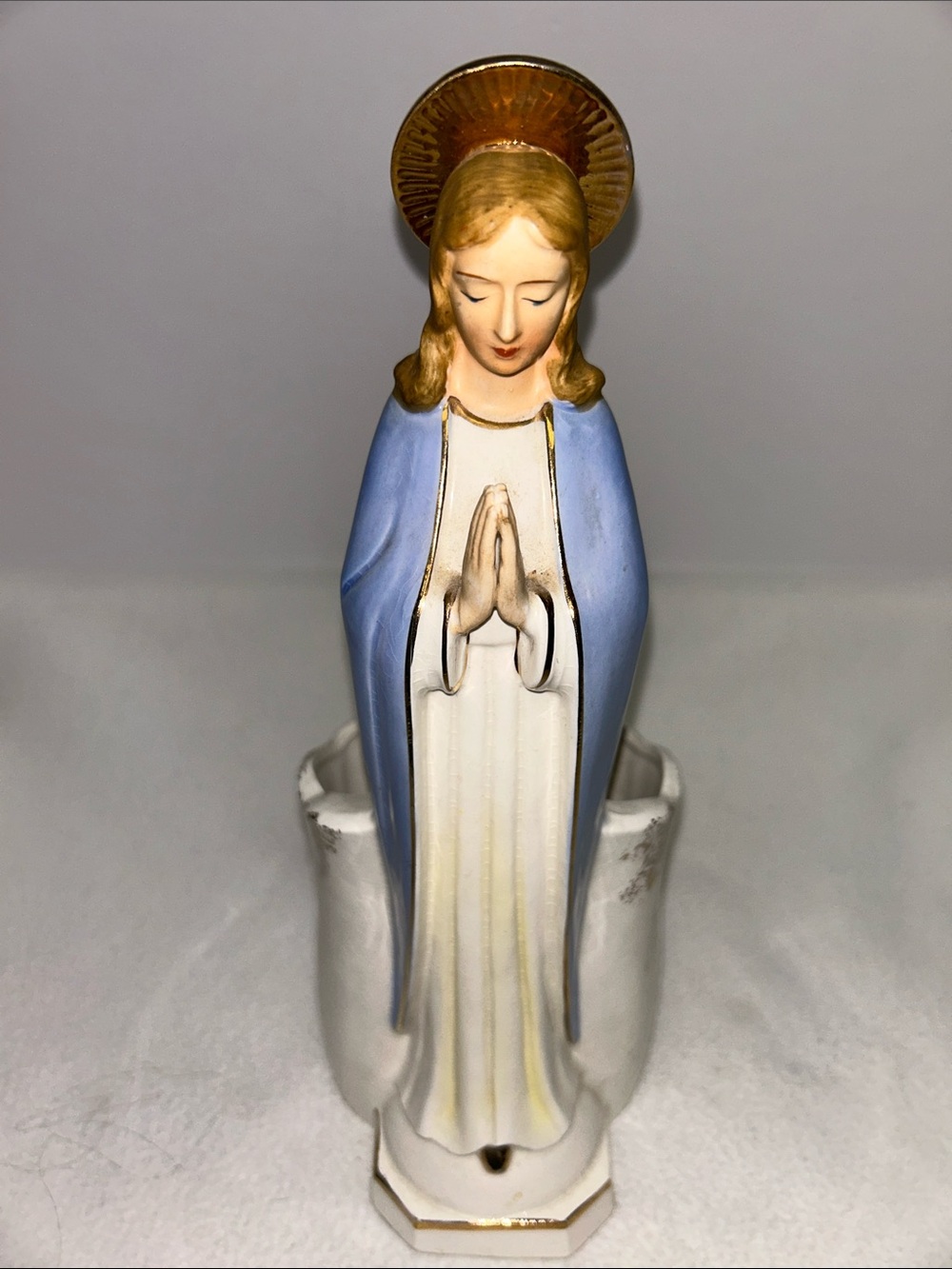 Vintage 1950’s ceramic hand painted 10” “Virgin Mary” planter/vase